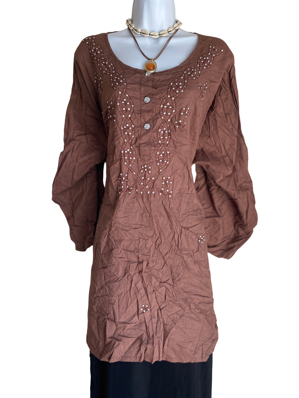 VTG Venezia Plus 6X Boho Emerald Embroided Front & Buttons Semi Sheer Blouse